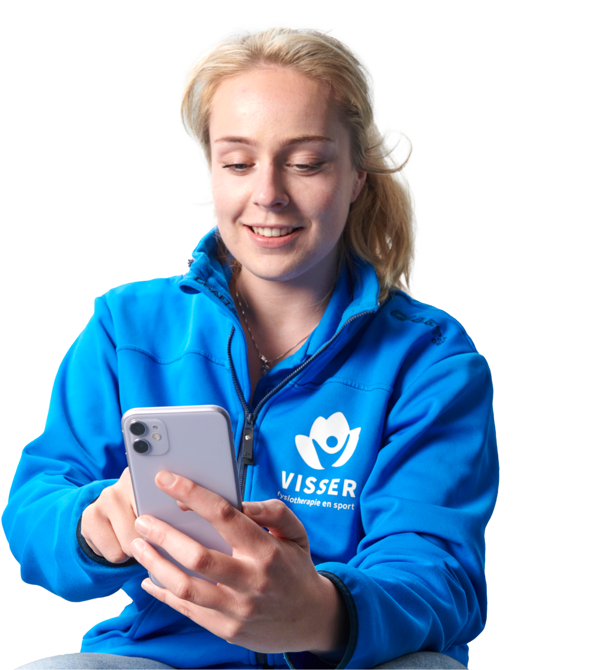 fysiotherapeut kijkt op telefoon