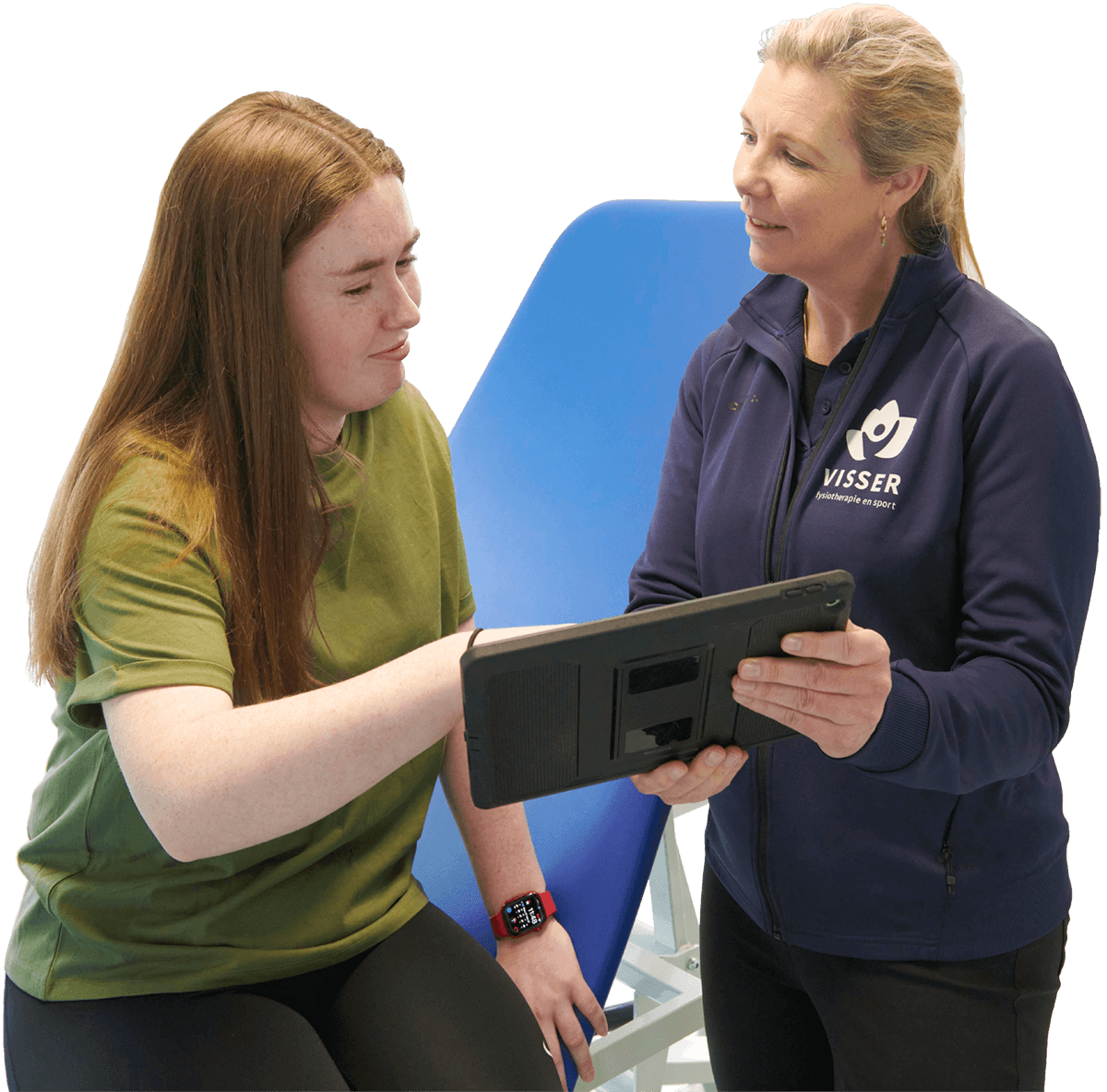 fysiotherapeut met patient en tablet